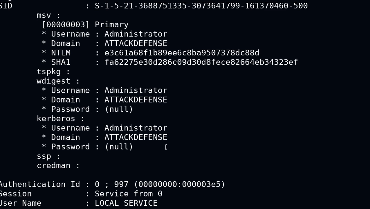 Mimikatz output showing extracted logon-session credentials