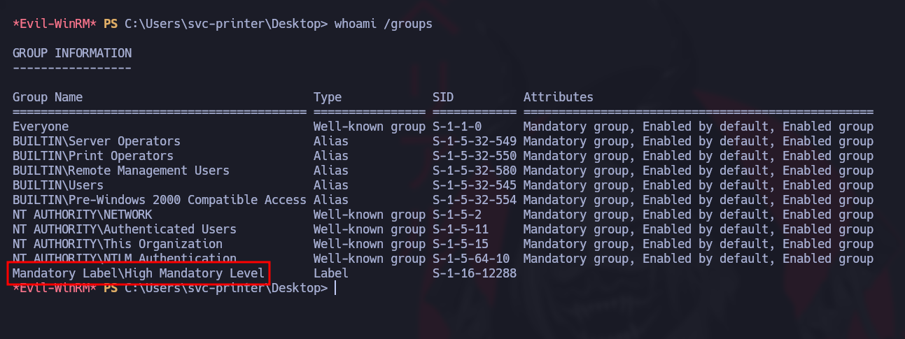 Windows integrity level in whoami /groups output