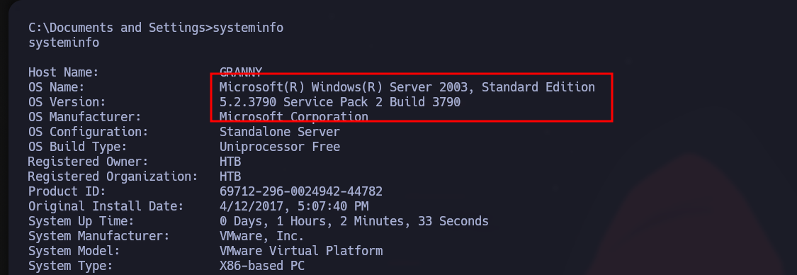 Windows Server 2003 systeminfo output